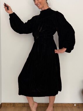 Vintage Black Velvet Long-Sleeve Midi Dress Handmade one of a kind
